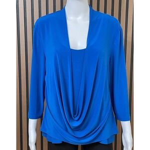 Joseph Ribkoff Women's 14 Blue Blouse Draped Cowl Front 3/4 Sleeve Layered Knit